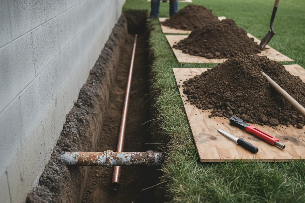 Excavated water line trench during Water Softener Installation in Pipe Creek